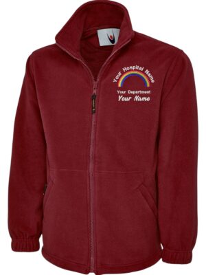 a red jacket with a logo on it